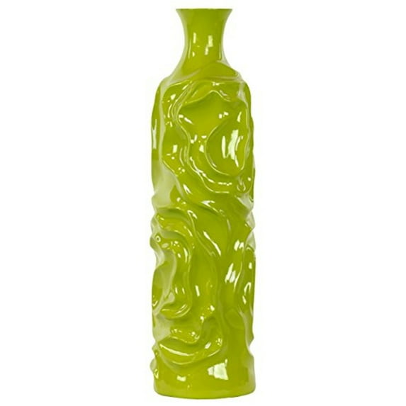 UTC30954 Ceramic Round Bottle Vase with Short Neck LG Wrinkled Gloss Finish Yellow Green