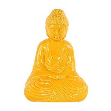 UTC34453 Ceramic Meditating Buddha Figurine with Rounded Ushnisha in Dhyana Mudra Gloss Finish Yellow