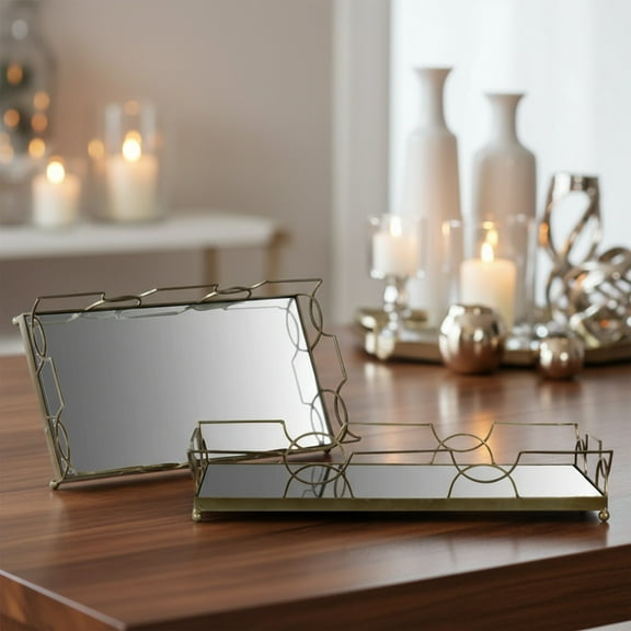 Jacinta Metal Tray Set with Mirror Surface and Handles (Set of 2)