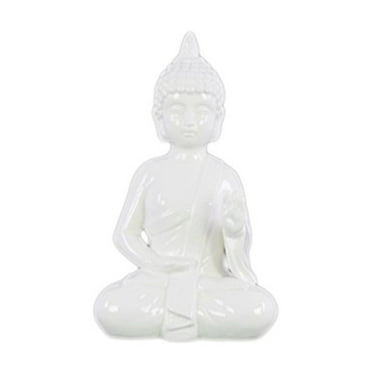 UTC43140 Ceramic Meditating Buddha Figurine with Pointed Ushnisha in Abhaya Mudra Gloss Finish White