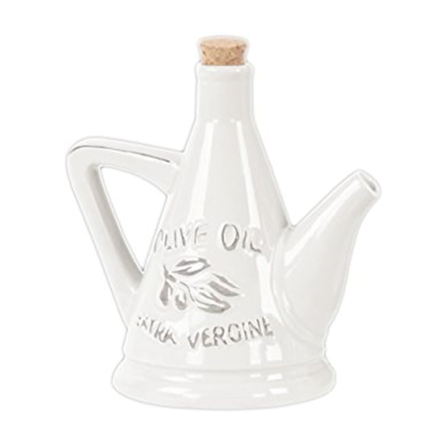 UTC45000 Ceramic Olive Oil Pourer with Embossed Olives,Label, Cork Lid, and Handle Distressed