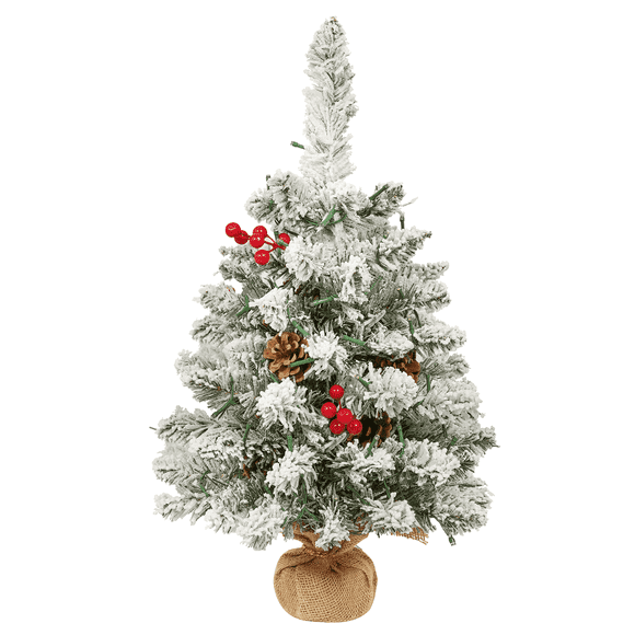 UTEN 2ft Snow Flocked Tabletop Christmas Tree, Pre-Lit Artificial White Christmas Tree with 50 Warm White Lights, 14 Pine Cones + Red Berries, Sturdy base