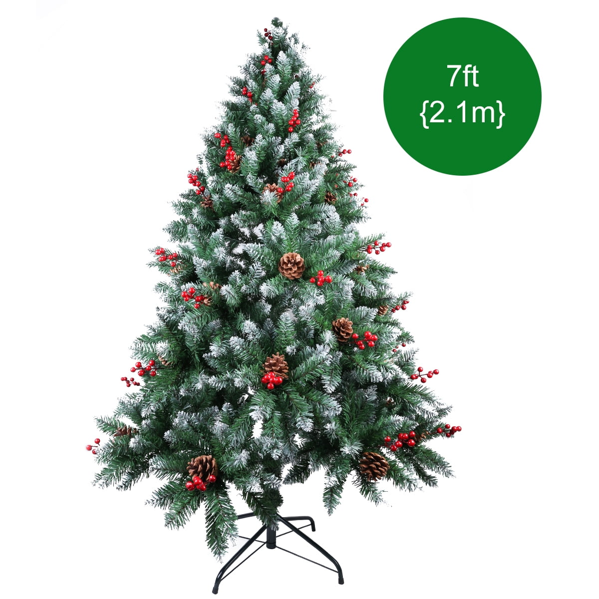 7ft Flocked Pine Christmas Tree with Red Berries and Pine Cones