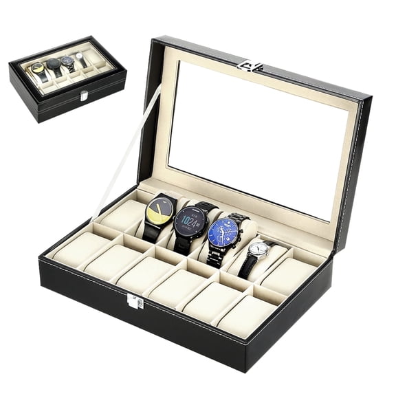 Uten 12-Slot Watch Box for Men, PU Leather Watch Display Case with Glass Top & Removable Pillows, Velvet Lining for Jewelry & Collection Organizer, Black