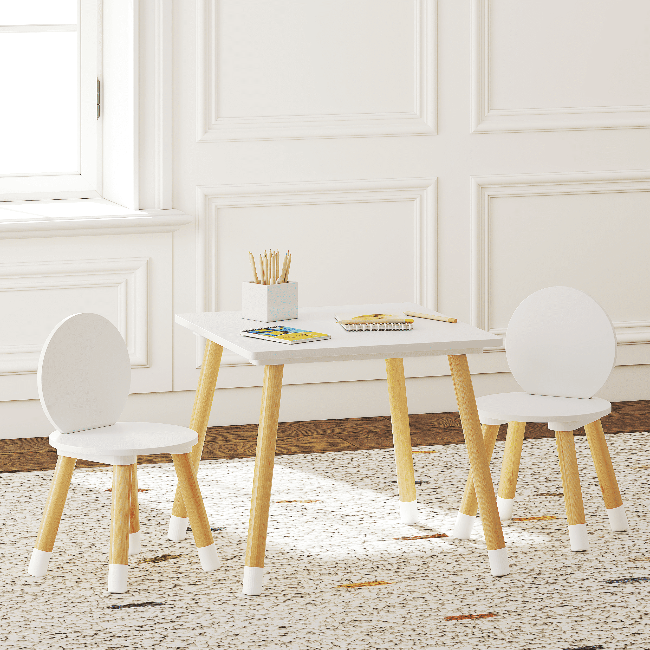 White and Natural Wood Kids Table and Chairs Set