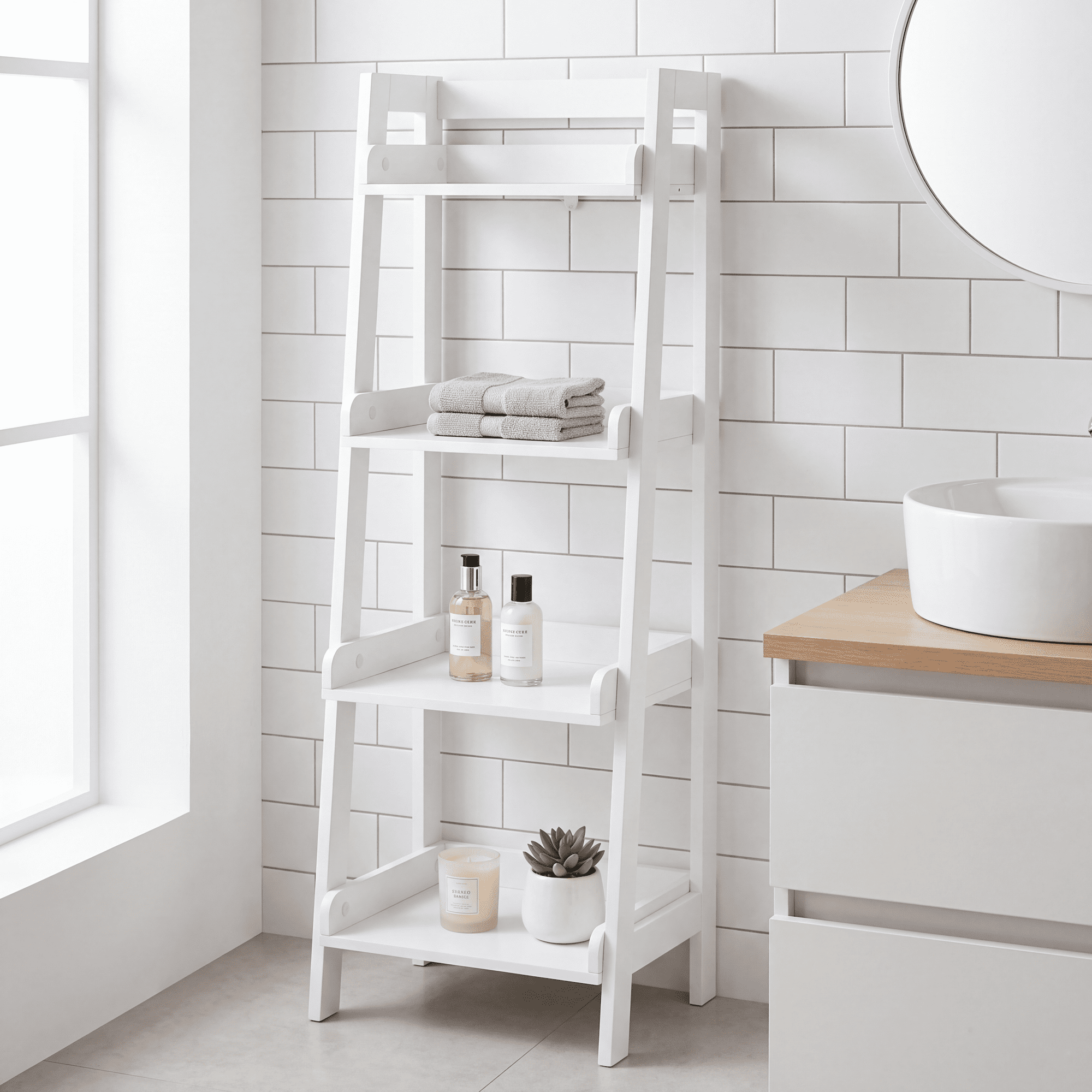 UTEX, Ladder Shelf, 4-Tier White Freestanding Wood Shelving Unit