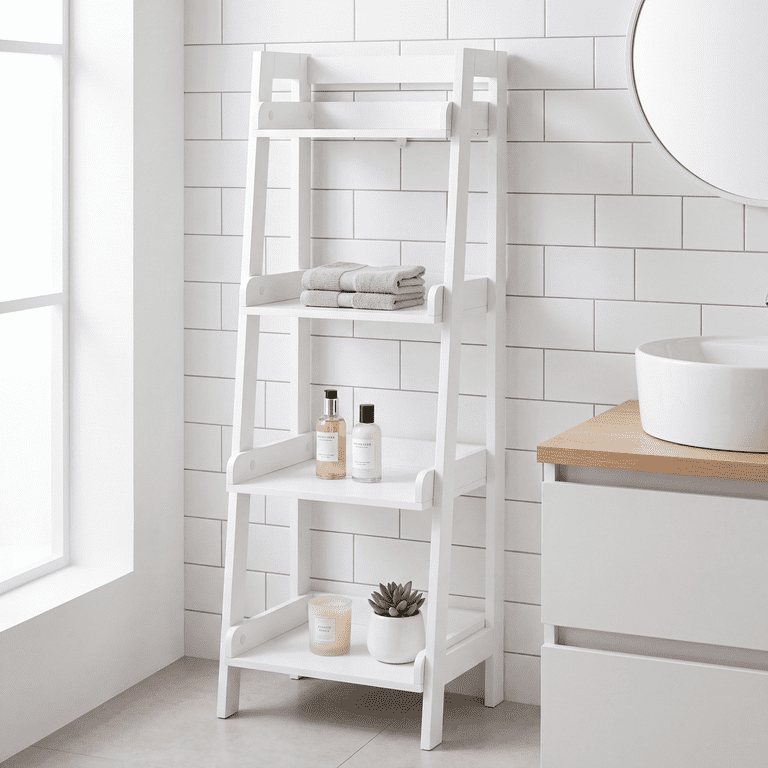 UTEX, Ladder Shelf, 4-Tier White Freestanding Wood Shelving Unit