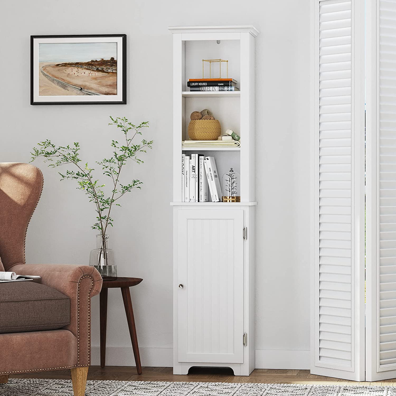 UTEX 64 Freestanding Storage Cabinet Bathroom Tall Cabinet with Doors and Shelves Free Standing Linen Tower Home Storage Furniture White