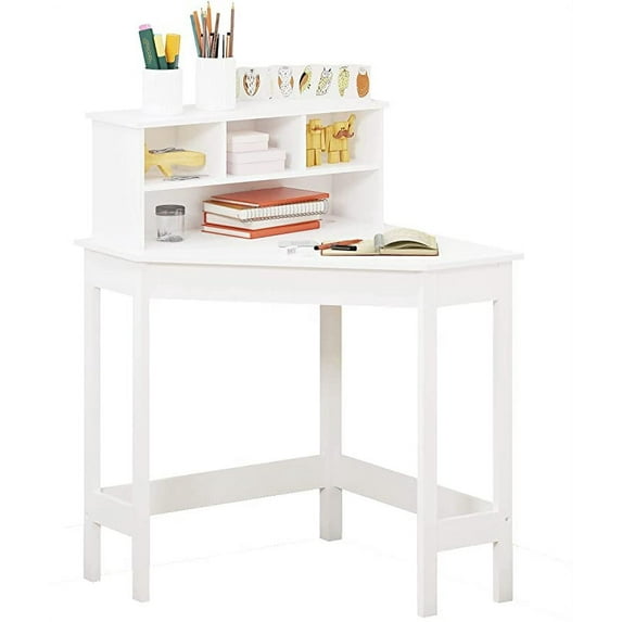 UTEX Easy Assemble School Corner Desk with Shelf, Drawer, Reversible Hutch - Kids White Table
