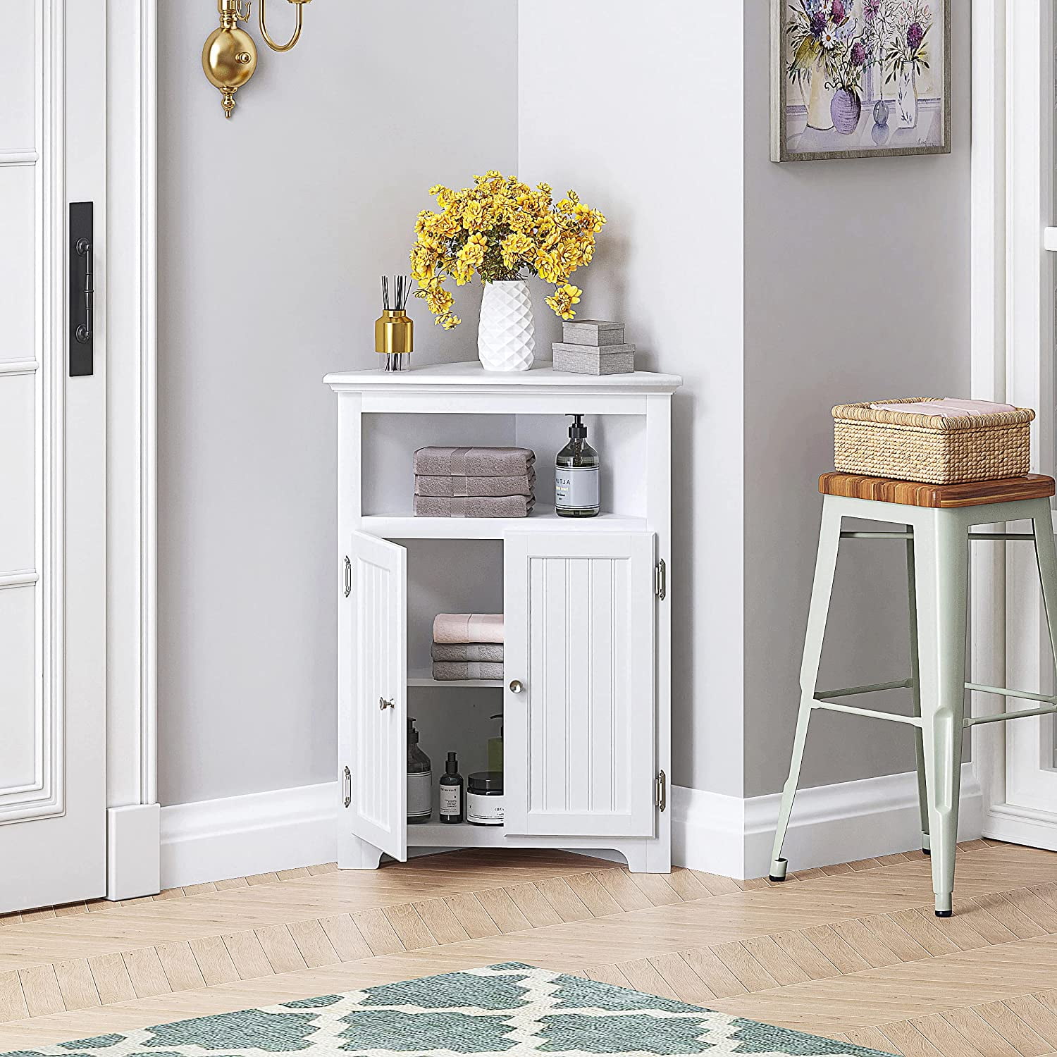 UTEX Corner Storage Cabinet, Bathroom Floor Corner Cabinet with Doors and Shelves,Free Standing Storage Cabinet for Bathroom, Kitchen, Living Room, White