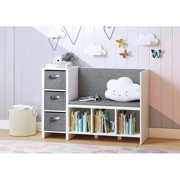 UTEX Kids Bookcase with Reading Seat, 6-Cubby Kids Toy Storage Organizer with Bins, Kids Bookshelf and Storage for Boys and Girls, White