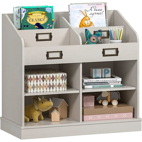 UTEX Kids Bookshelf with Storage, Freestanding Wood Bookcases with Ajustable Shelf and Lable Window, Kids Book Display Stand for Playroom,Bedroom,Living Room,Nursery School,Greyish White