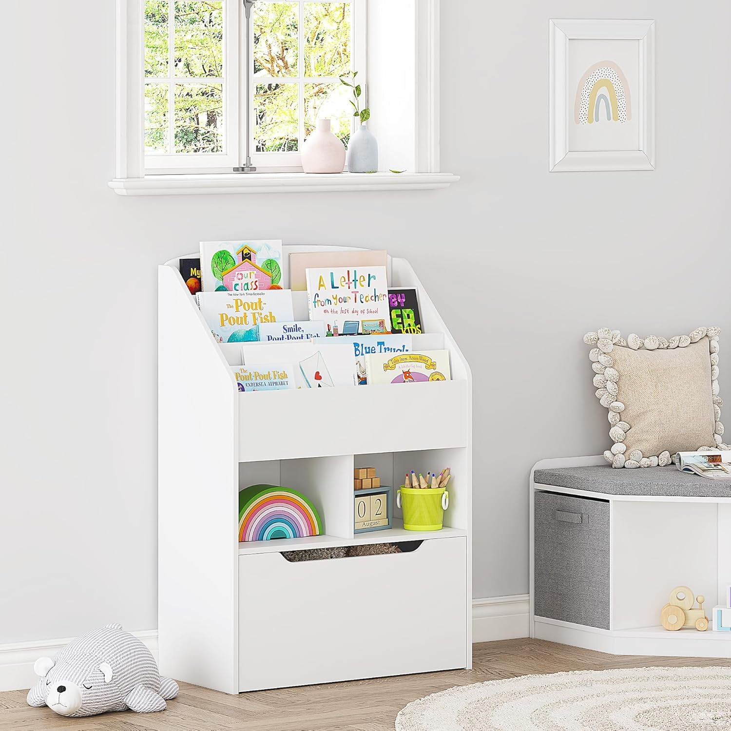 White Wood Kids Bookshelf with Rolling Toy Box