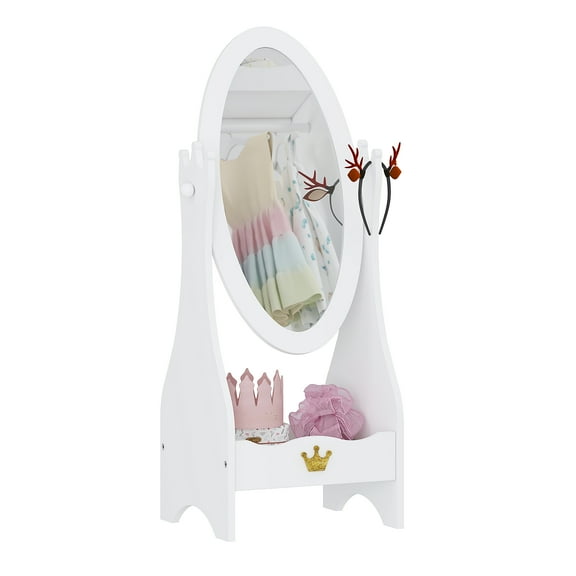 UTEX Kids Full Length Mirror, Kids Free-Standing Wooden Dressing Mirror with Adjustable Viewed, Girl's Vanity Dress-Up Mirror with Storage for 3-7 Years Old, White
