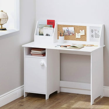 UTEX Kids Study Desk with Storage, Wooden Table with Hutch Cabinet, Student's Study Computer Workstation Writing Table, White