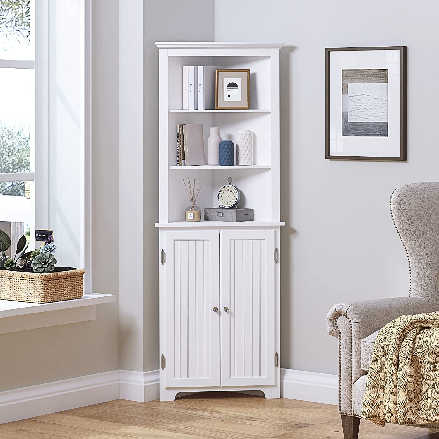 Utex Tall Corner Cabinet Free Standing Storage With Doors And Adjule Shelves 23 W White Com