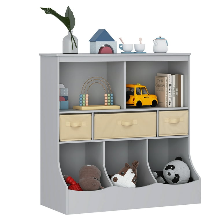 UTEX Toy Storage Organizer with Bookcase Kid s Bin Storage Unit with 3 Opening Shelves White Toys Box Organizer Gray