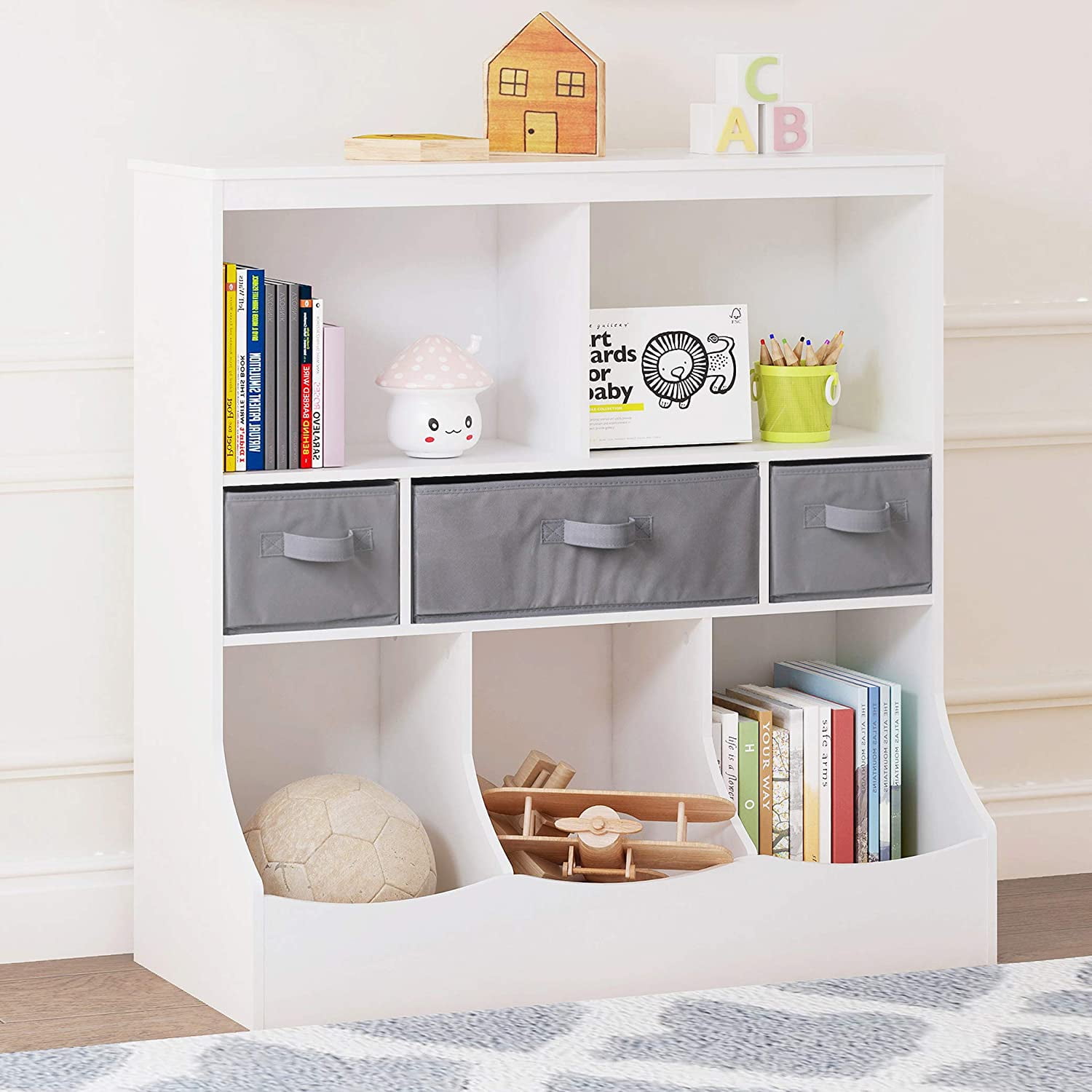 Homfa Kids Bookcase, 3 Tier Toy Organizer with Sliding Door, 6-Cube Storage  Cabinet with 3 Display Shelves for Bedroom, Kids Toy Storage Shelf, White 