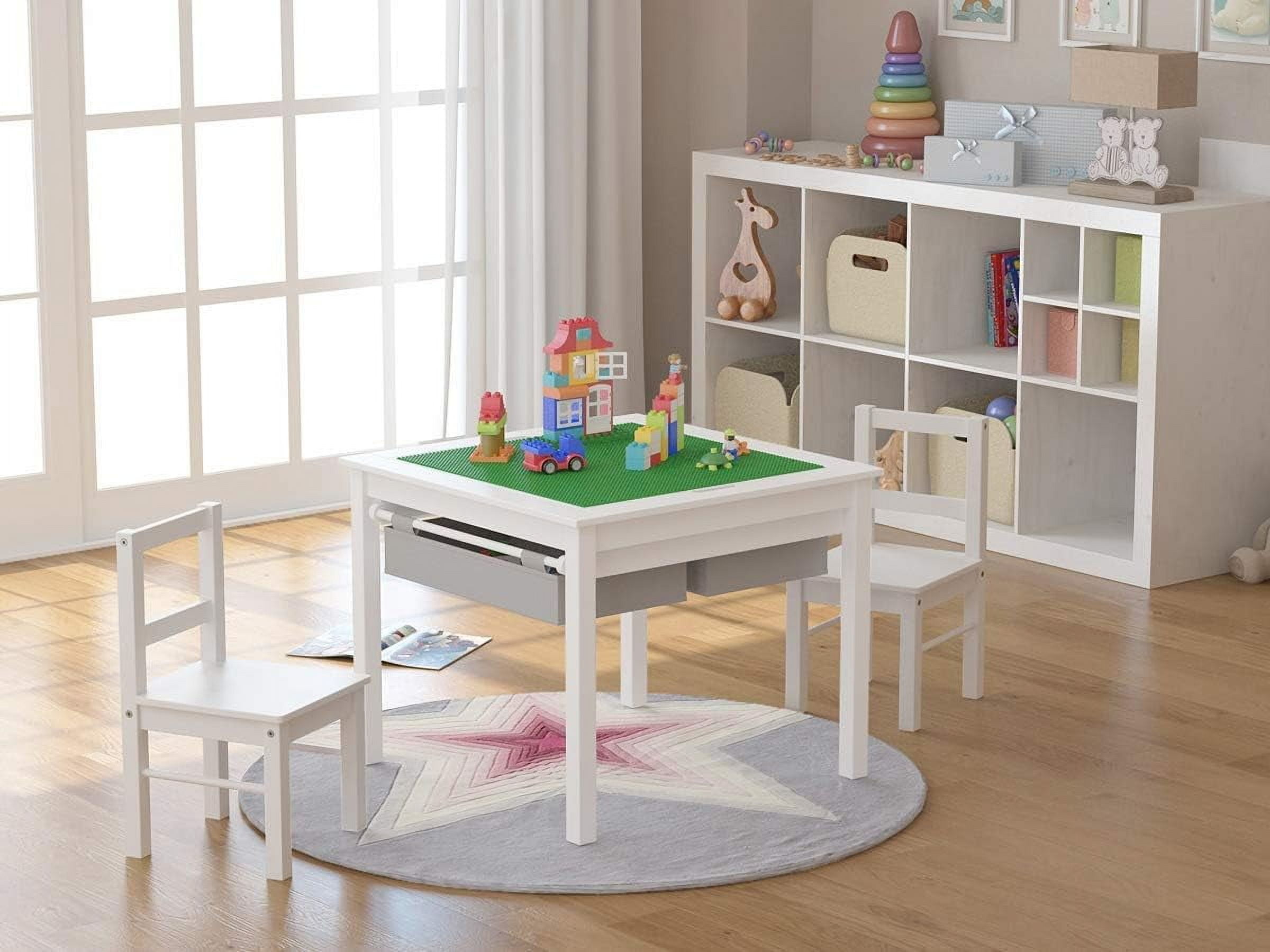 UTEX Wooden 2 In 1 Kids Construction Play Table and 2 Chairs Set with Storage Drawers and Built in Broad, White