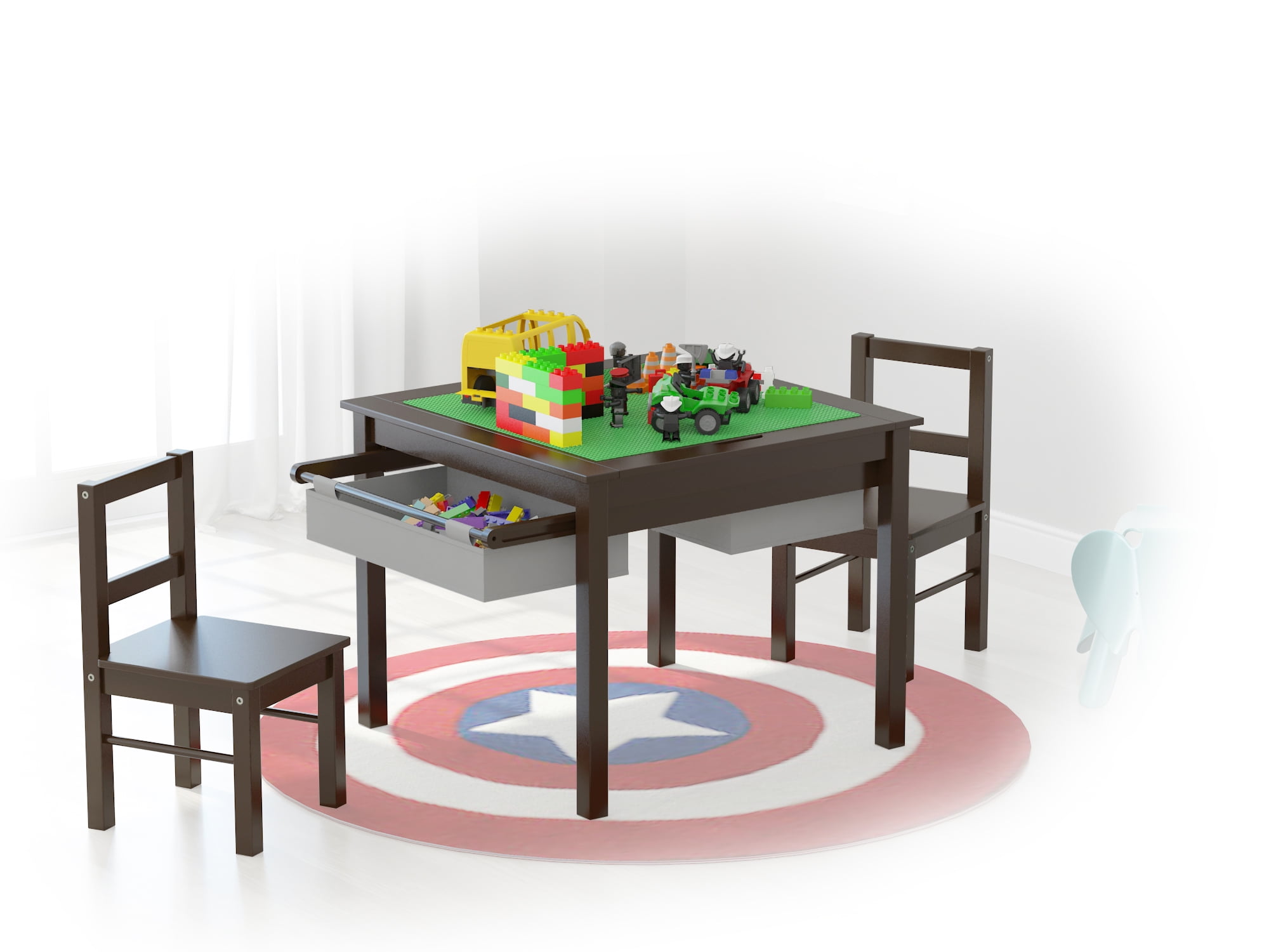 UTEX Wooden 2 In 1 Kids Construction Play Table and 2 Chairs set with Storage Drawers and Built In Broad, Espresso with Gray Drawer