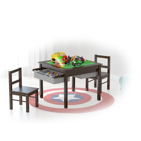 UTEX Wooden 2 In 1 Kids Construction Play Table and 2 Chairs set with Storage Drawers and Built In Broad, Espresso with Gray Drawer