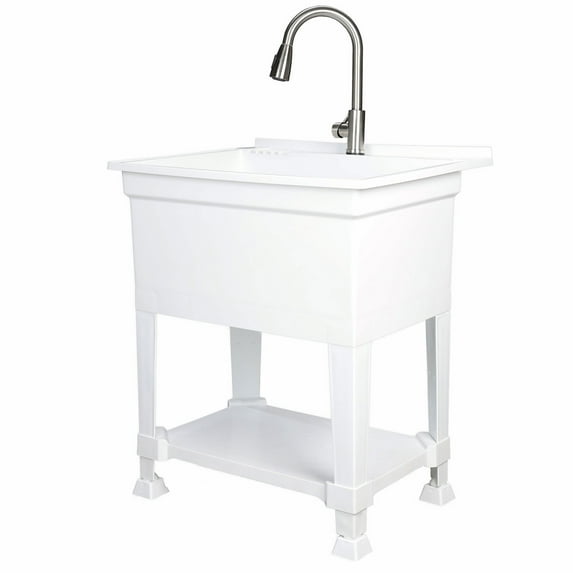 Open Box UTILITYSINKS Plastic 30” Freestanding Utility Sink w/ Pull Faucet, Wht