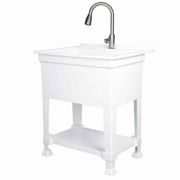 Open Box UTILITYSINKS Plastic 30 Freestanding Utility Sink w/ Pull Faucet, Wht
