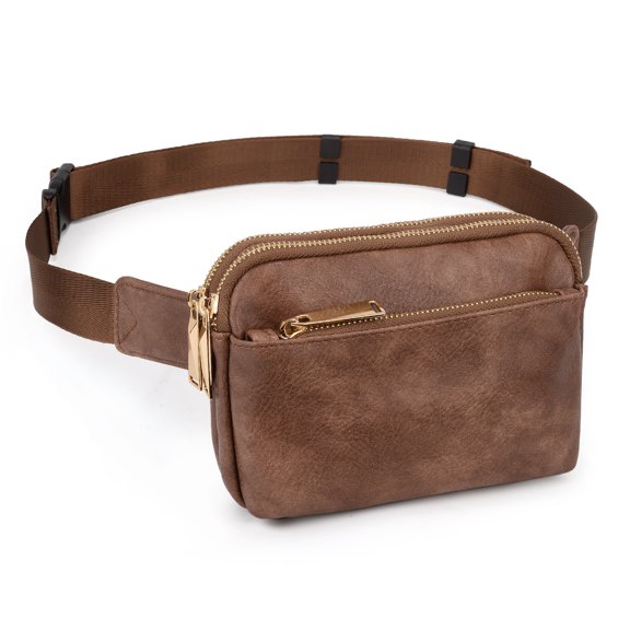 UTO Fanny Packs for Women Waterproof Waist Bag PU Leather Fashion Small Crossbody Belt Bag with Zipper Pocket for Travel(Brown)