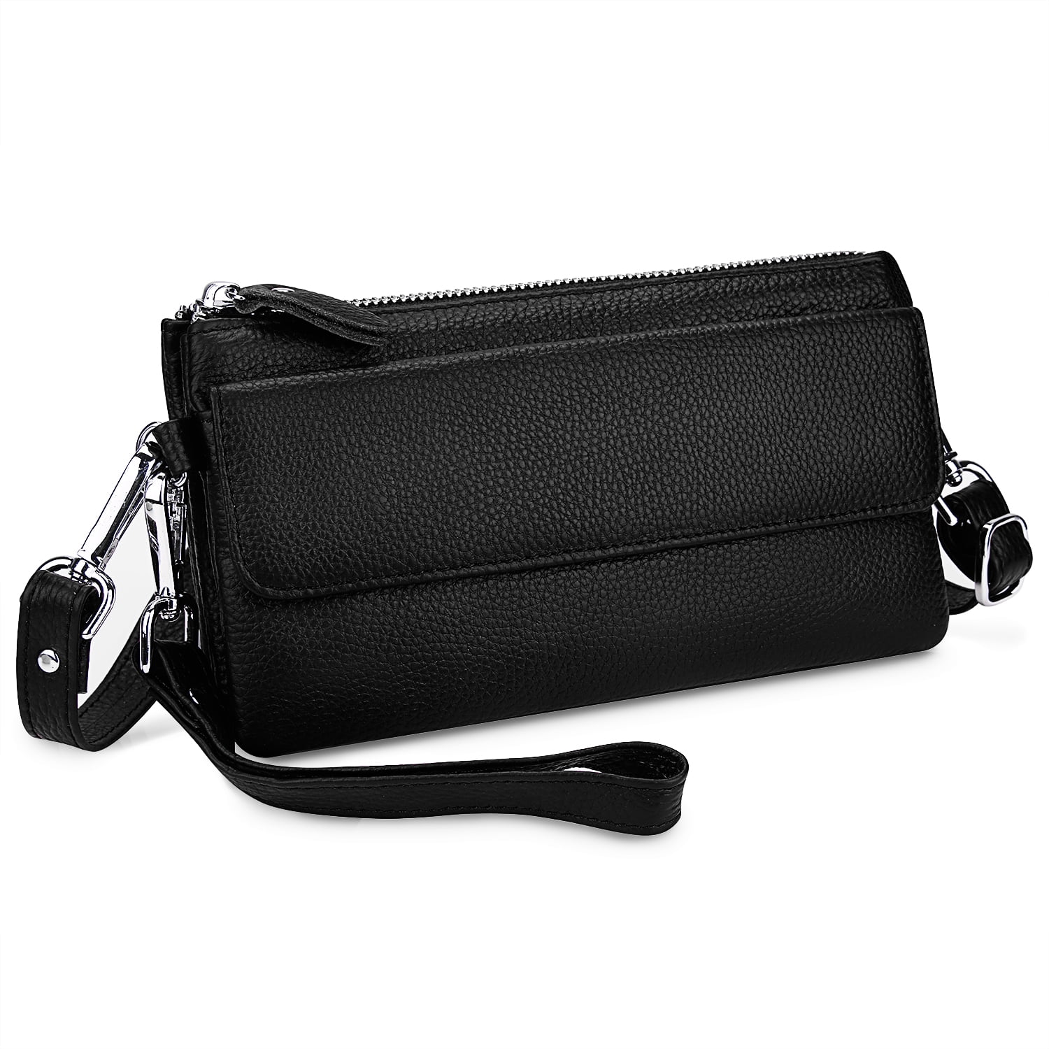 Small Leather Zippered Clutch Bag for Women with Detachable