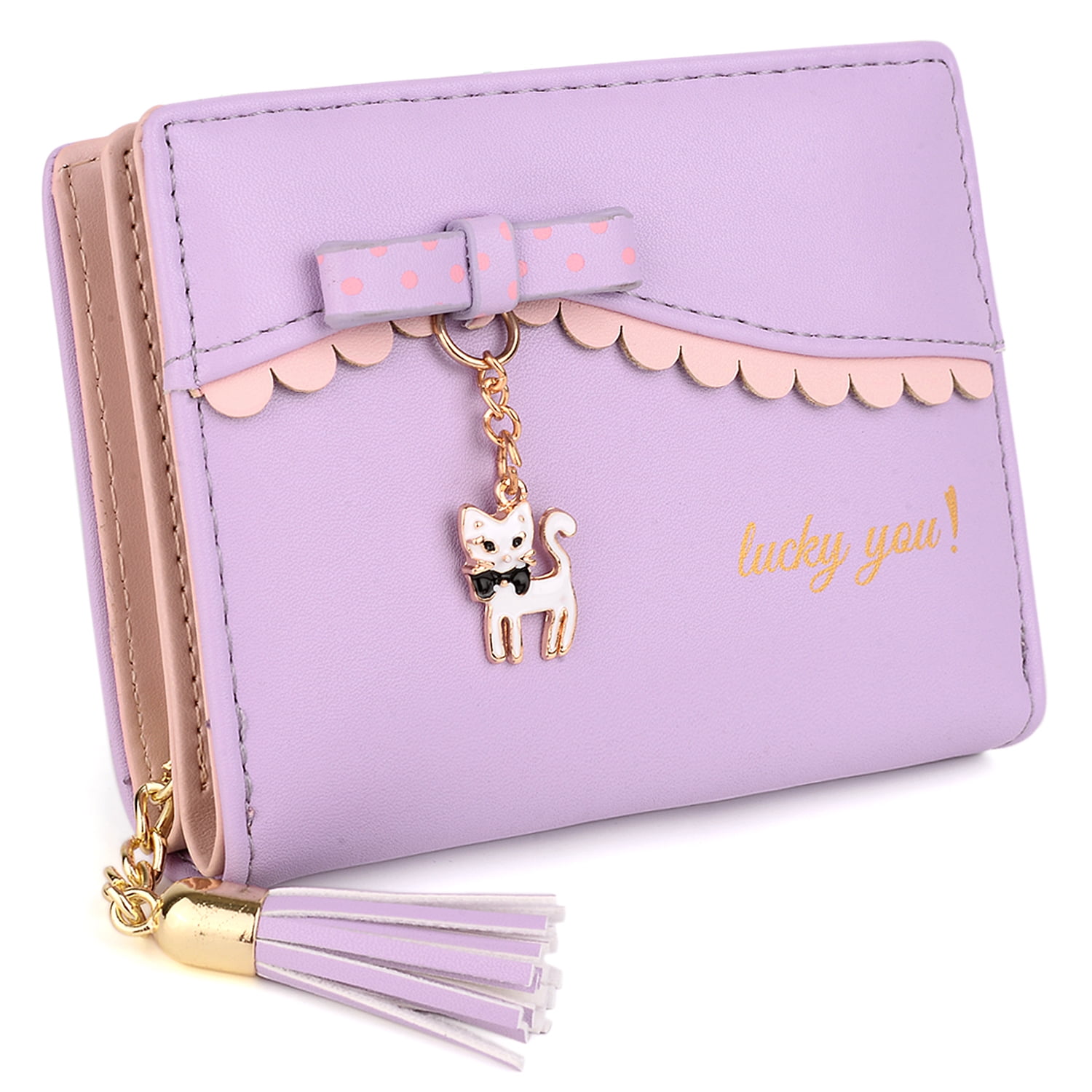 UTO Girls Small Wallet Women Cute Cat Pendant PU Leather Bifold Card