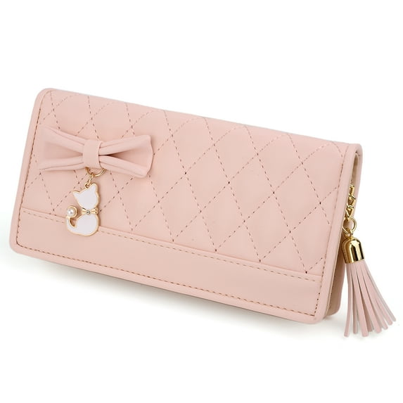 UTO Long Wallet for Women PU Leather Bifold Cute Cat Purse Phone Card Holder Clutch with Tassel Zipper Pocket(Pink)