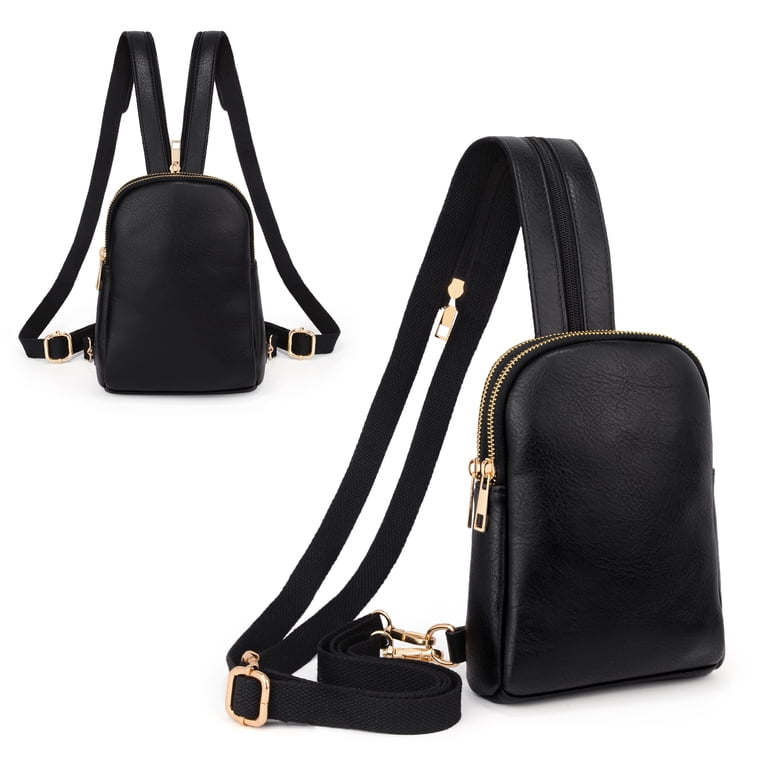 UTO Small Vegan Leather Backpack, Black Sling Bag, Crossbody 