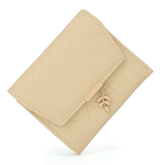 UTO Small Wallet for Women PU Leather Leaf Pendant Bifold Purse Card Holder Zipper Pocket Short Wallet(Light Yellow)