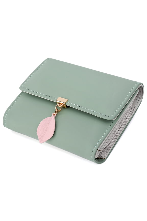 Small Wallet for Women PU Leather RFID Blocking Card Holder Zipper Coin Purse with Leaf Pendant(Green)