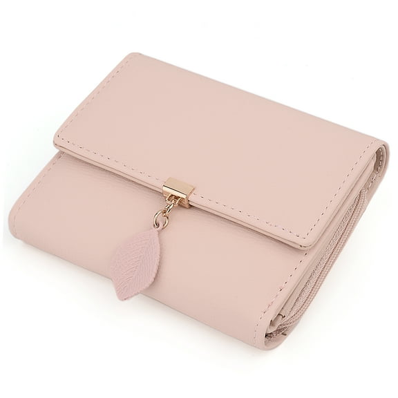 UTO Small Wallet for Women PU Leather RFID Blocking Card Holder Zipper Coin Purse with Leaf Pendant(Light Pink)