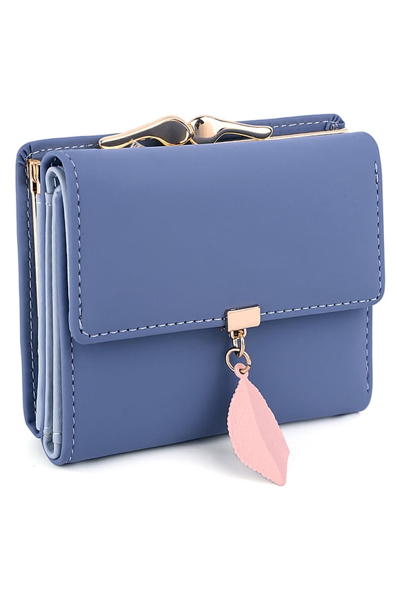 Small Wallet for Women PU Leather RFID Blocking Coin Purse Card Holder Trifold Ladies Purse Leaf Pendant(Blue)