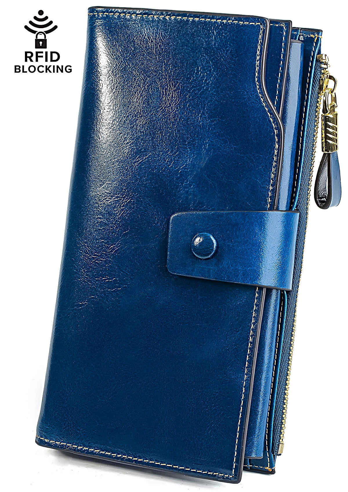 Uromee Women's RFID Blocking Leather Wristlet Wallet – Large Capacity Card Holder Purse In PU Dark Blue