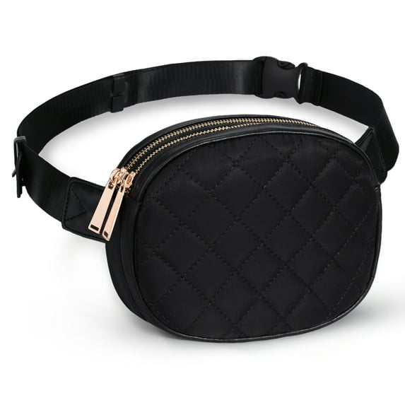 UTO Women Fanny Packs Waist Bag Quilted Nylon Fashion Crossbody Belt Bag Adjustable Strap for Travel Fitness Running Hiking(Black)
