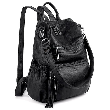 UTO Women's Backpack Purse PU Leather Large Designer Ladies Fashion Shoulder Handbag with Tassel(Black)