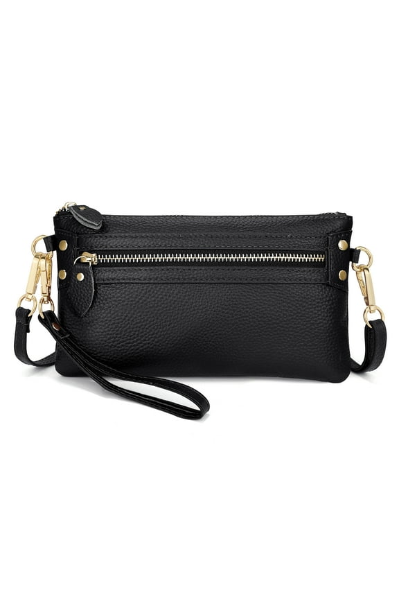 Womens Small Crossbody Clutch Purse Genuine Leather Wristlet Card Holder Handbag with Detachable Shoulder Strap(Black)