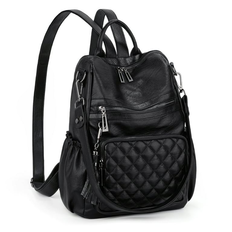 UTO Womens Travel Backpack Purse Fashion PU Leather Large Designer Ladies Shoulder Bag with Tassel Black Quilted