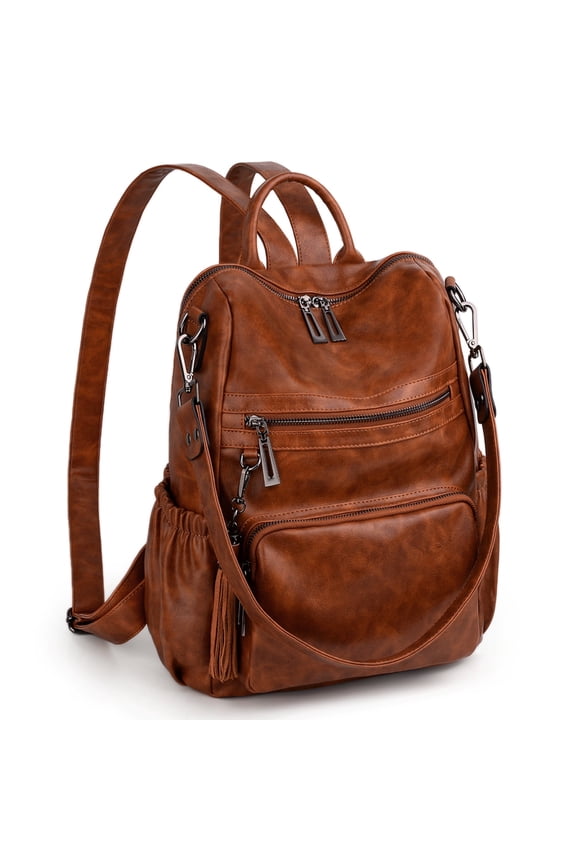 Women's Backpack Purse PU Leather Large Designer Ladies Fashion Shoulder Handbag with Tassel(Brown Oil Wax)