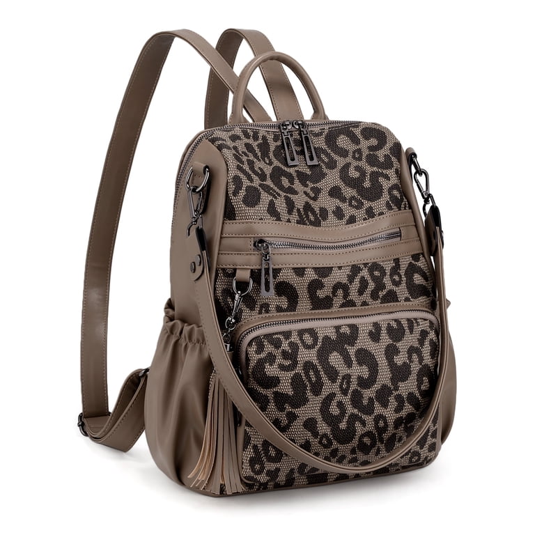 New WOMEN\'S Leather Backpack Purse Tassel Leopard Black Leopard Flap Backpack Set- Order Wholesale main image 4
