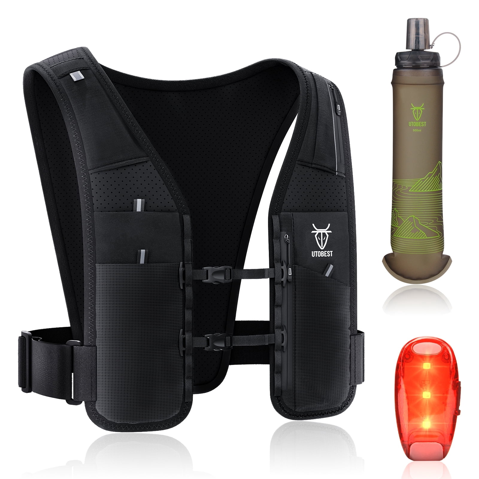 UTOBEST UTR113 Reflective Running Vest Hydration Pack Adjustable Phone Holder with 500ml Soft Flask and Led Light, L