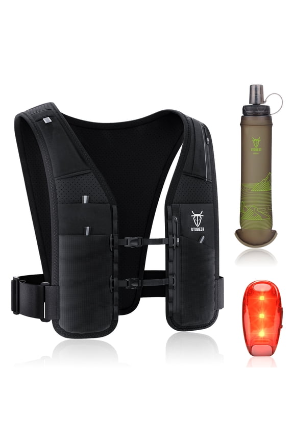 UTR113 Reflective Running Vest Hydration Pack Adjustable Phone Holder with 500ml Soft Flask and Led Light, M