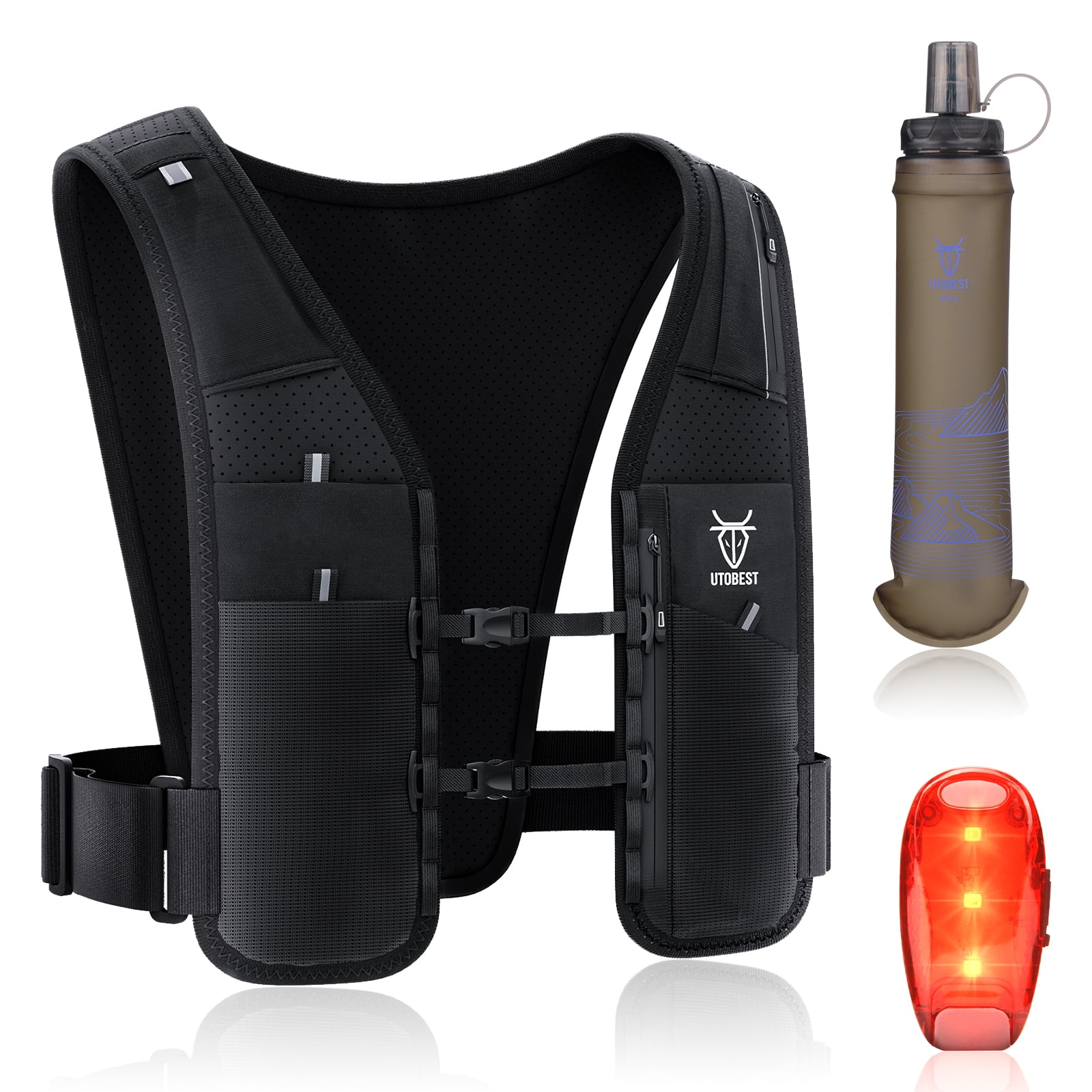 UTOBEST UTR113 Reflective Running Vest Hydration Pack Adjustable Phone Holder with 500ml Soft Flask and Led Light, S