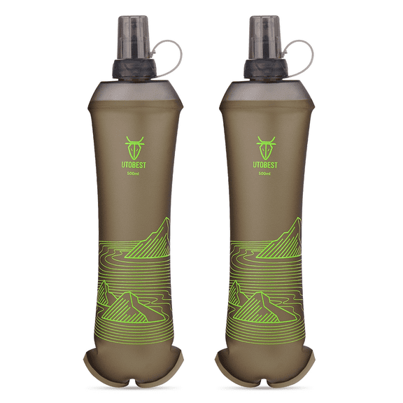 UTOBEST UTR219 500ml Soft Flask Collapsible Water Bottles, Green, 28mm Opening, with Bite Valve (2 Count)