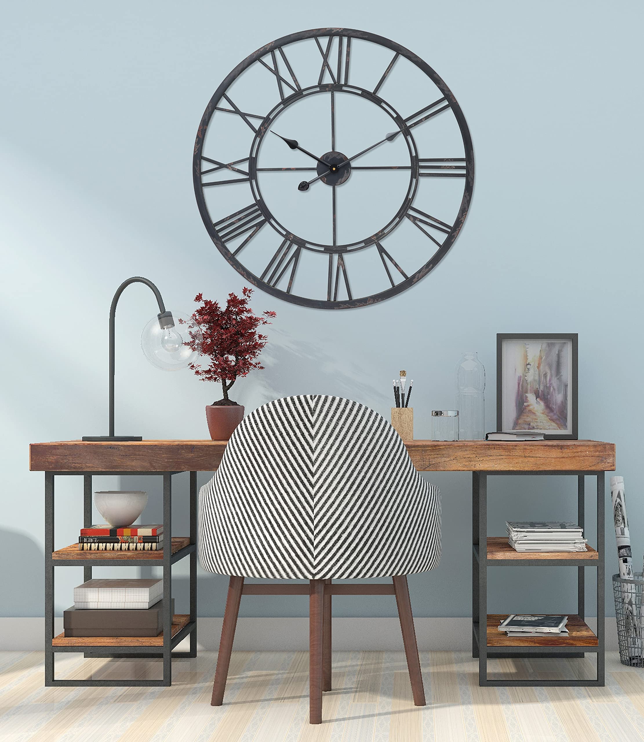 Oversized Matte Black Iron Roman Numeral Wall Clock