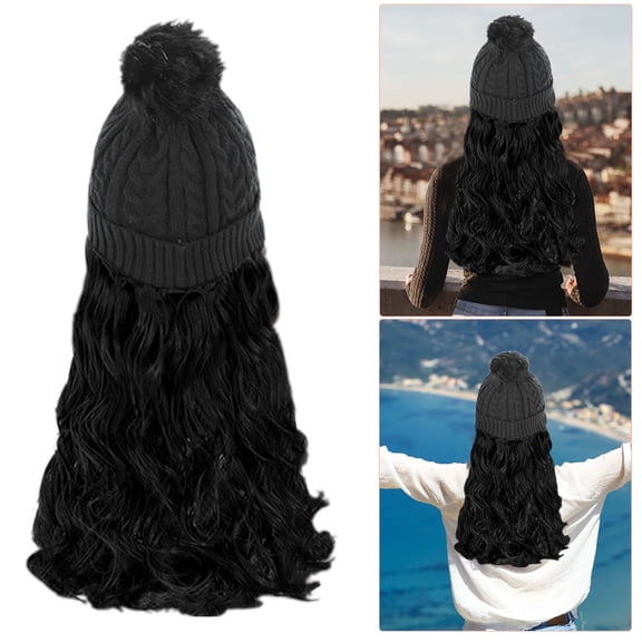 UTOURS Beanie Hat Knit With Long Wavy Curly Hair Extensions Wig Dismountable Warm Knitted Attached 20inch Synthetic Hairpiece For Women
