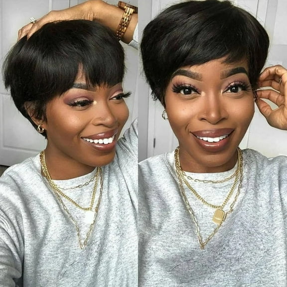 UTOURS Blonde Pixie Short Cut Bob Wig With Bangs - Wavy Human Hair Wig/Brazilian Straight Wig/For Women & Girls